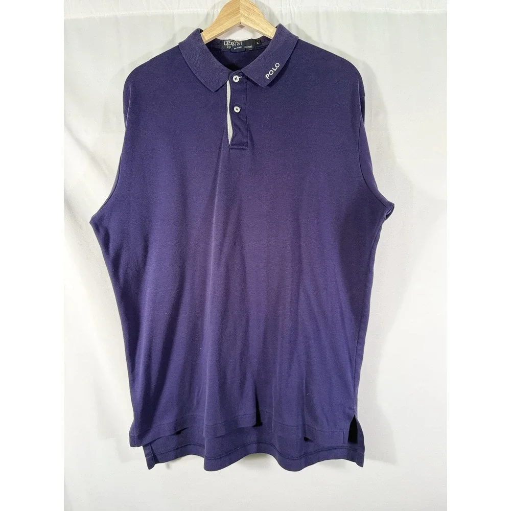 POLO Ralph Lauren Golf‎ Shirt Navy Blue w/ White Placket Flag Print on Arm Men L